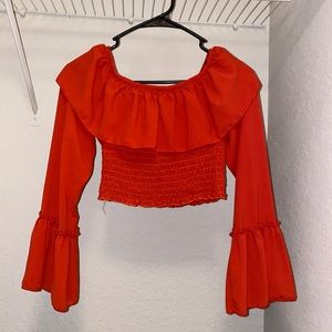 Red/Orange crop top blouse with flare long sleeves [Size M]